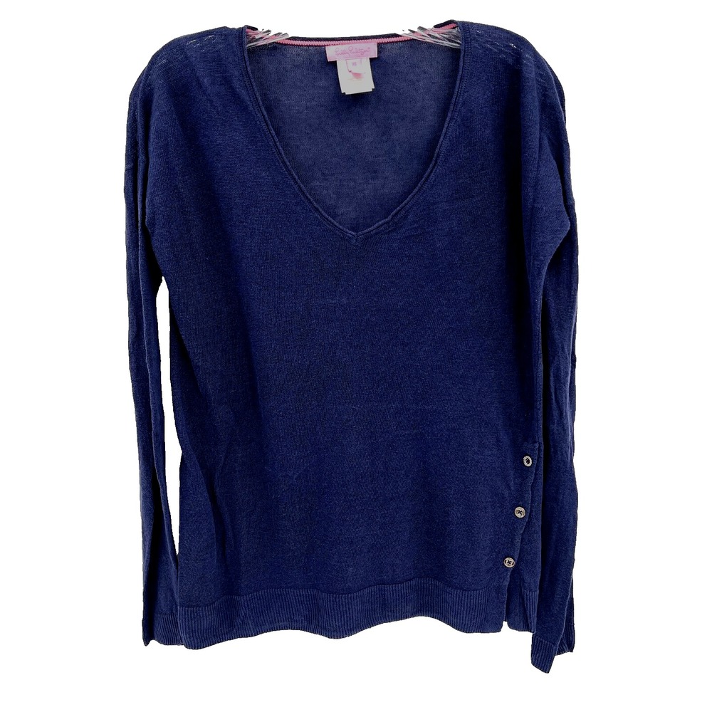 LILLY PULITZER Women's Size XS Blue Leisel Lightweight V-Neck 100% Linen Sweater
